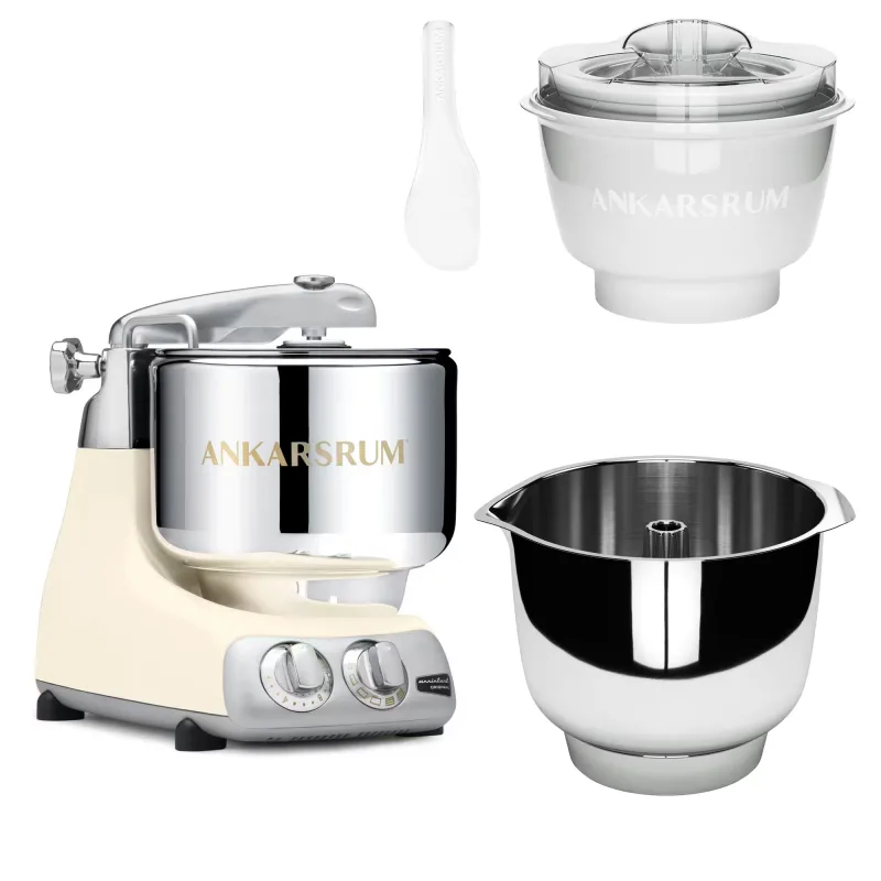 Ankarsrum Assistent Original AKM 6230 køkkenmaskine med istilbehør og ekstra piskeskål, light creme