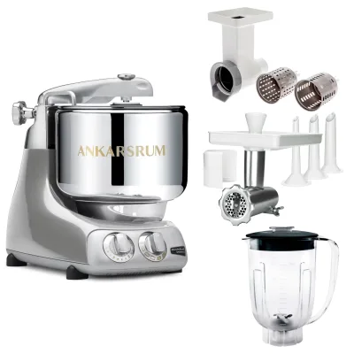 Ankarsrum Assistent Original AKM 6230 køkkenassistent med kødkværn, rive/skæretilbehør og blenderkande, jubilee silver
