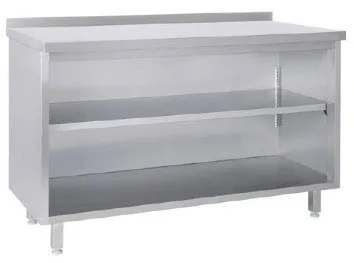 Tysk produceret arbejdsbord i fuldsvejset rustfri stål med bagkant samt 2 lukkede hylder. 600-700mm - B 1500 x T 700 x H 850 mm
