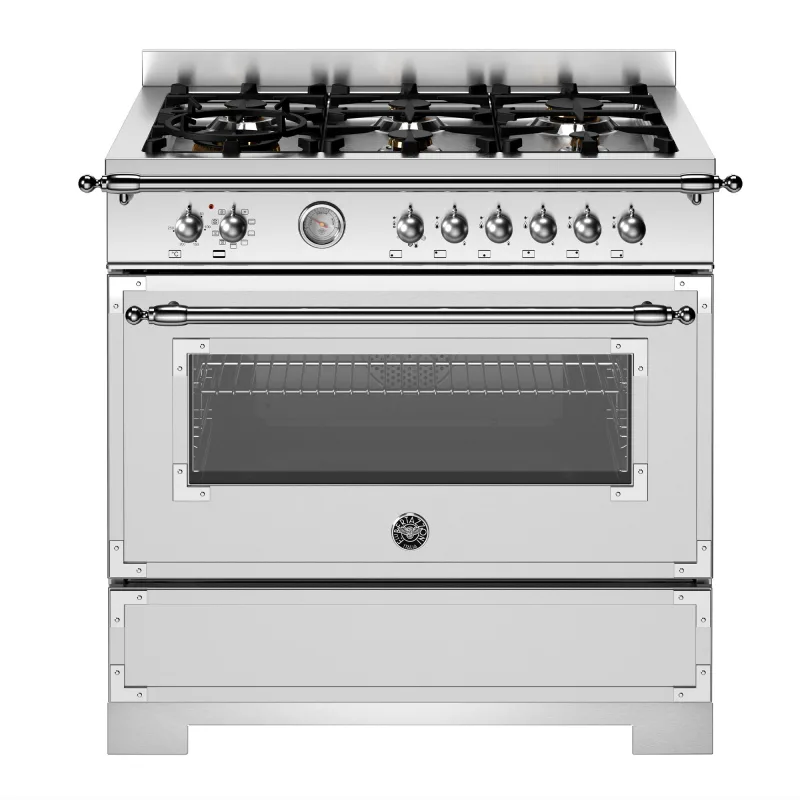 Bertazzoni HER96L1EXT2 Heritage gaskomfur 90 cm med 6 brændere og 1 ovn, rustfrit stål