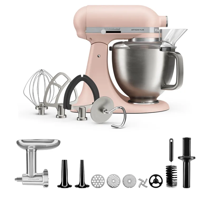 Kitchenaid Artisan Plus køkkenmaskine med kødkværn, 4,7 liter, feather pink