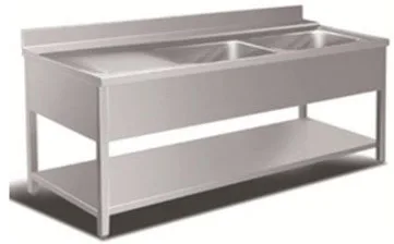 Bord i rustfri stål, med 2 vaske, hylde samt fri bordplads til venstre for vaskene - dybde 700mm - B 1500 x T 700 x H 850 mm