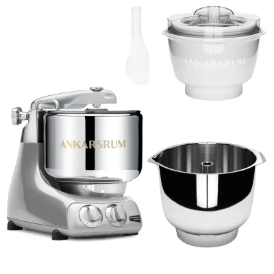 Ankarsrum Assistent Original AKM 6230 køkkenmaskine med istilbehør og ekstra piskeskål, jubilee silver
