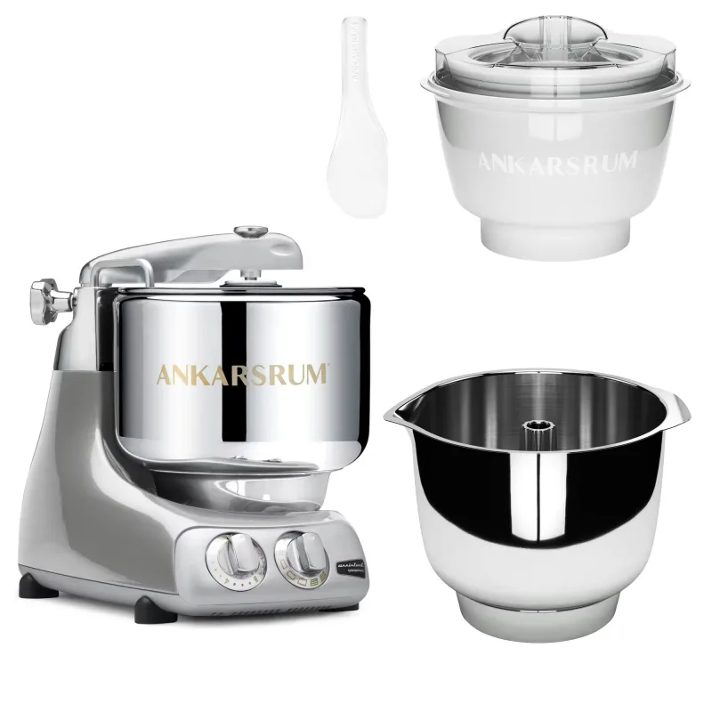 Ankarsrum Assistent Original AKM 6230 køkkenmaskine med istilbehør og ekstra piskeskål, jubilee silver