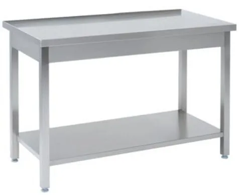 Tysk produceret arbejdsbord i fuldsvejset rustfri stål uden bagkant samt hylde. 600mm - B 1000 x T 600 x H 850 mm