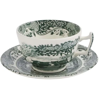 Spode Heritage Green Italian tekop med underkop 20 cl, grøn/hvid