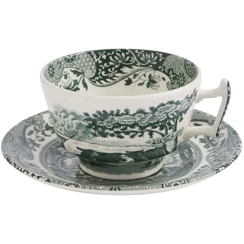 Spode Heritage Green Italian tekop med underkop 20 cl, grøn/hvid