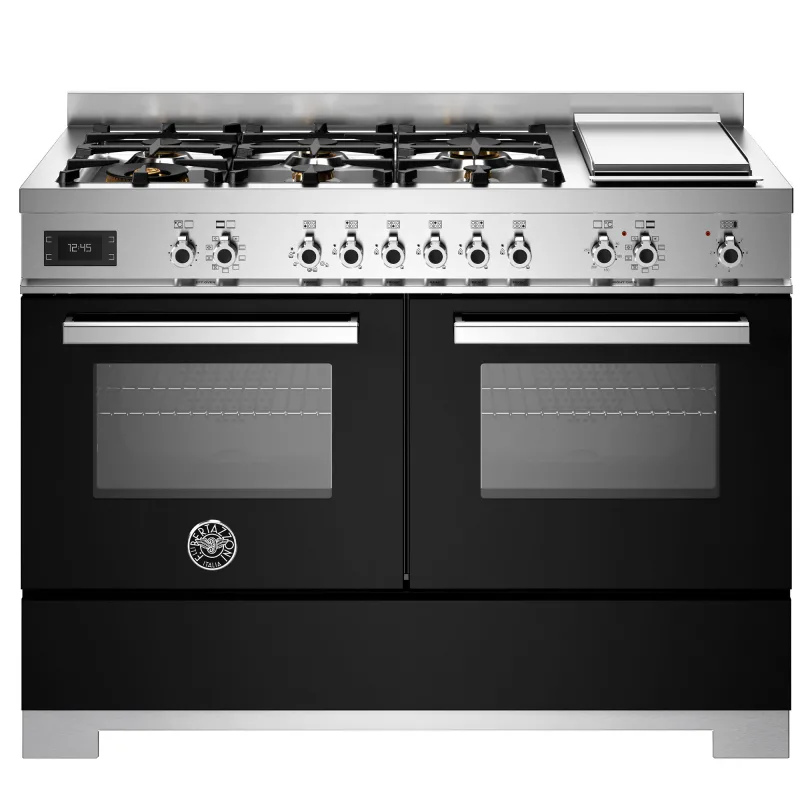 Bertazzoni PRO126G2ENET2 Professional gaskomfur 120 cm med 6 brændere, elektrisk stegebord og 2 ovne, sort