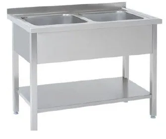 Bord i rustfri stål, med 2 vaske og hylde - B 1600 x T 600 x H 850 mm